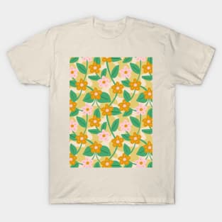 Wavy flower pattern in mustard yellow and pink T-Shirt